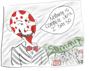 Canvas doesn’t believe in closure, only chaos. Here, our overlord is imagined as a villain looming over Summit students, declaring that nothing will ever be complete, no matter how many times you click ‘submit’. / Credit: Laney McDonald