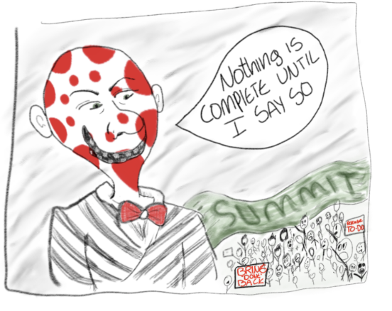 Canvas doesn’t believe in closure, only chaos. Here, our overlord is imagined as a villain looming over Summit students, declaring that nothing will ever be complete, no matter how many times you click ‘submit’. / Credit: Laney McDonald