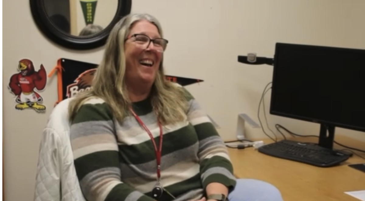Theresa Quade cracks jokes and a smile in her new office in the Future Center. / Photo credit: Jordyn Berry