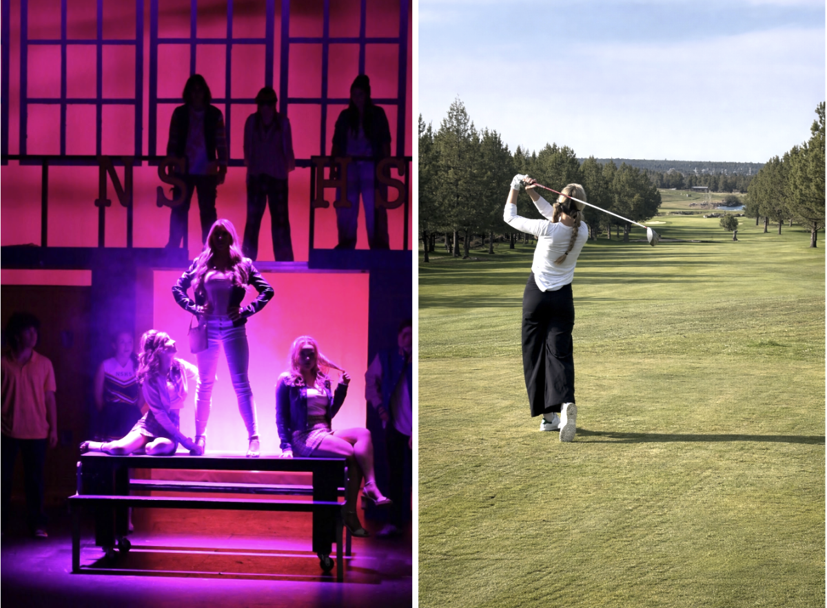 Left: Summit senior Kenna Kemp as Regina George in “Mean Girls”; Right: Kemp driving a ball down the fairway. / Photo Credit: Kenna Kemp