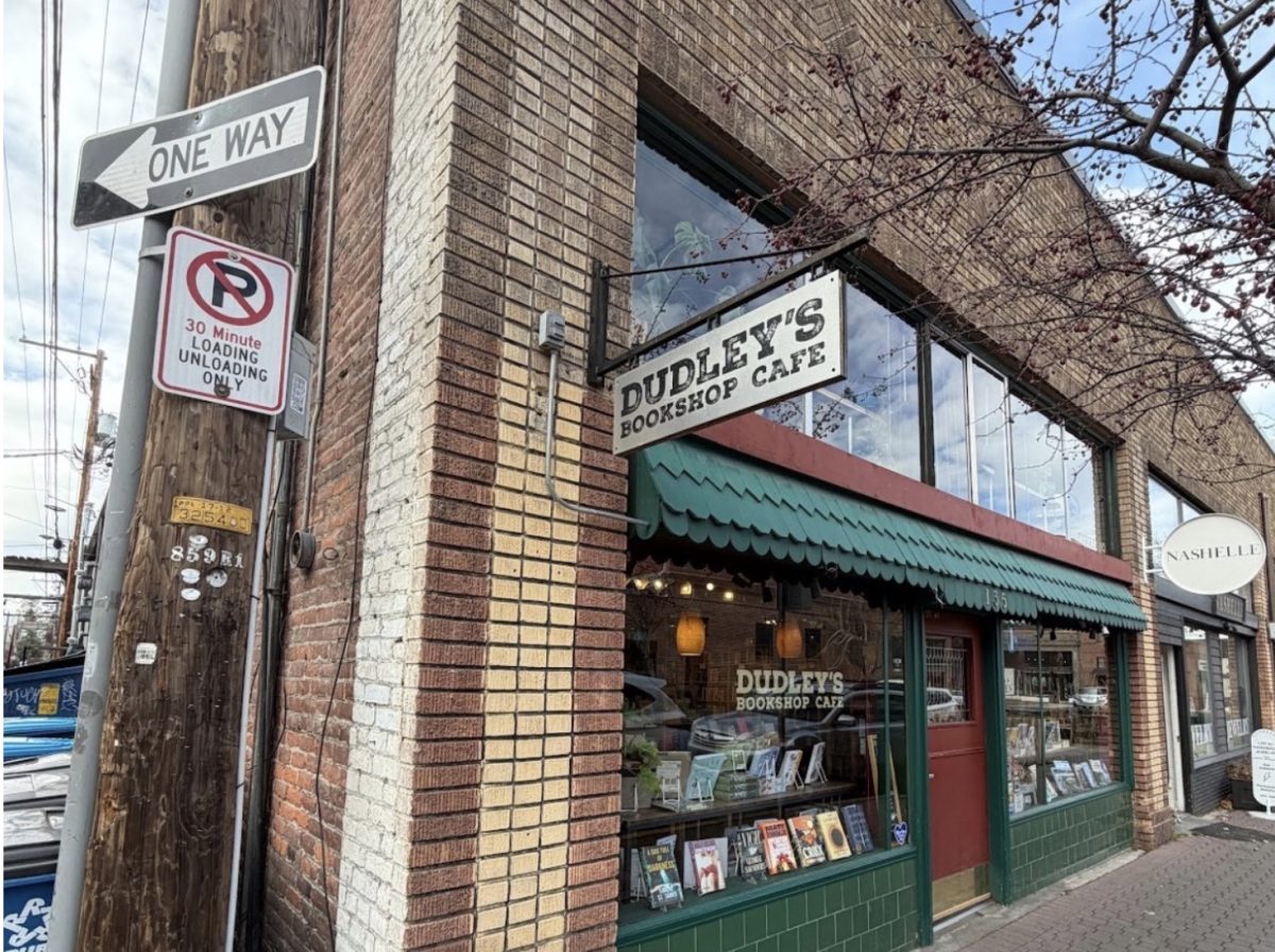 Outside of the downtown location of Dudley’s Bookshop Cafe. / Photo Credit: Myla Harper