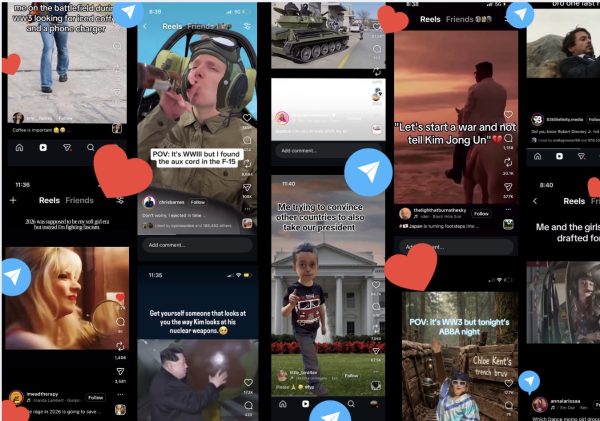 Screenshots of popular Instagram reels mocking the Iran war / Credit: Kaia Vrbata